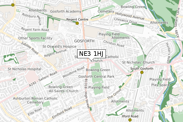 NE3 1HJ map - small scale - OS Open Zoomstack (Ordnance Survey)