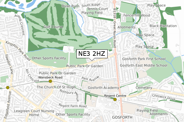 NE3 2HZ map - small scale - OS Open Zoomstack (Ordnance Survey)
