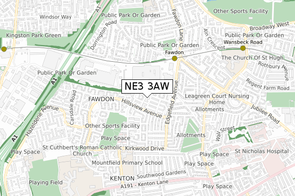 NE3 3AW map - small scale - OS Open Zoomstack (Ordnance Survey) NE3 3AW map - small scale - OS Open Zoomstack (Ordnance Survey)
