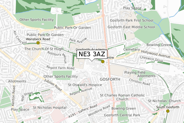 NE3 3AZ map - small scale - OS Open Zoomstack (Ordnance Survey)