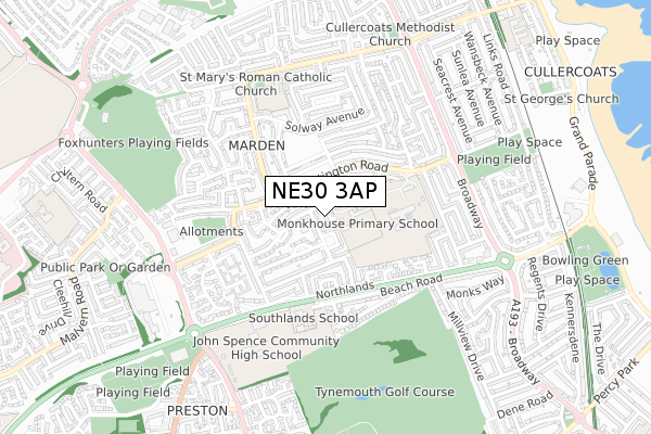 NE30 3AP map - small scale - OS Open Zoomstack (Ordnance Survey)