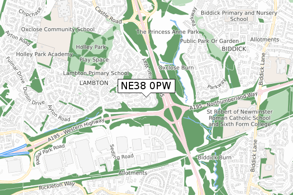 NE38 0PW map - small scale - OS Open Zoomstack (Ordnance Survey)