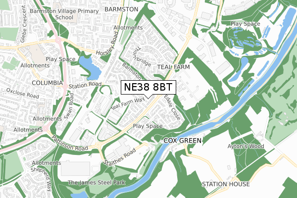 NE38 8BT map - small scale - OS Open Zoomstack (Ordnance Survey)