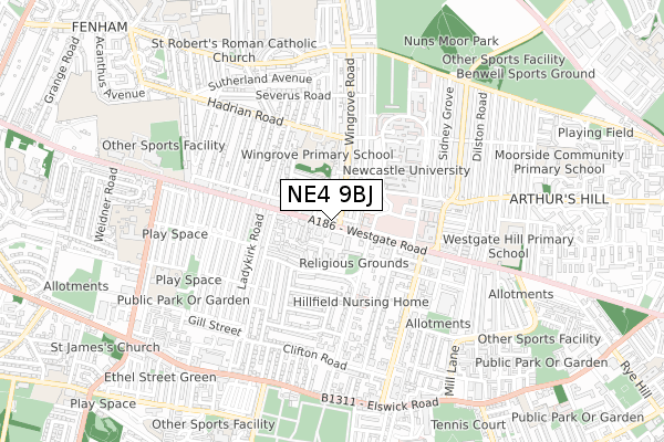 NE4 9BJ map - small scale - OS Open Zoomstack (Ordnance Survey)