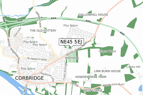 NE45 5EJ map - small scale - OS Open Zoomstack (Ordnance Survey)