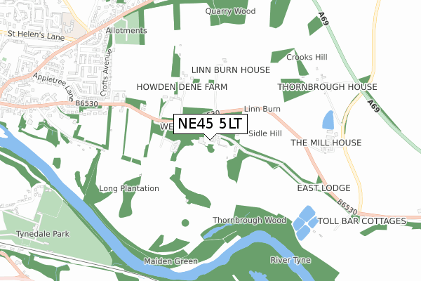 NE45 5LT map - small scale - OS Open Zoomstack (Ordnance Survey)