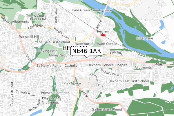 NE46 1AR map - small scale - OS Open Zoomstack (Ordnance Survey)