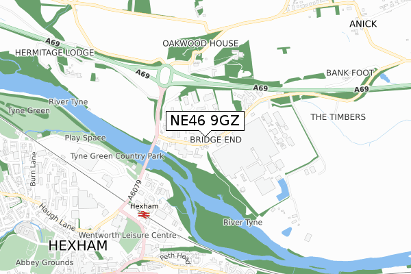 NE46 9GZ map - small scale - OS Open Zoomstack (Ordnance Survey)