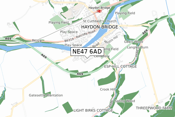 NE47 6AD map - small scale - OS Open Zoomstack (Ordnance Survey)