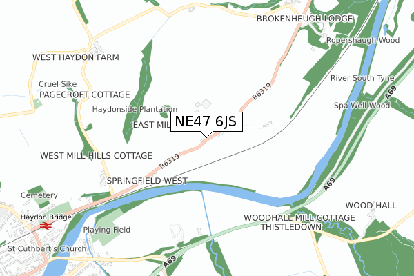 NE47 6JS map - small scale - OS Open Zoomstack (Ordnance Survey)