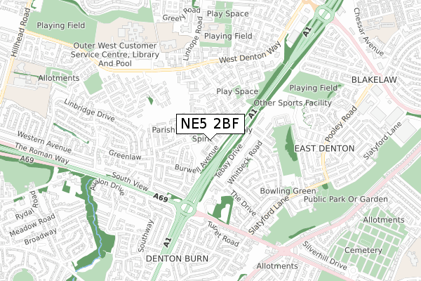NE5 2BF map - small scale - OS Open Zoomstack (Ordnance Survey)