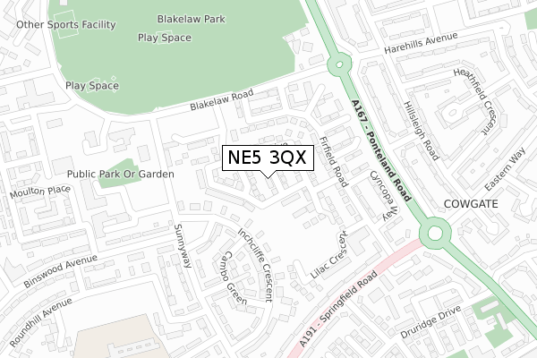 NE5 3QX map - large scale - OS Open Zoomstack (Ordnance Survey)