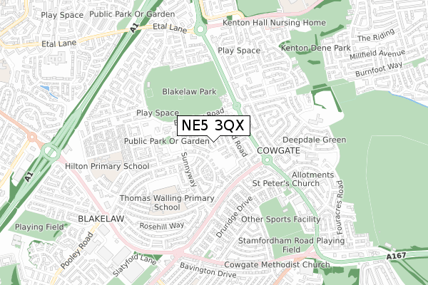 NE5 3QX map - small scale - OS Open Zoomstack (Ordnance Survey)