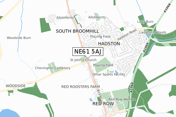 NE61 5AJ map - small scale - OS Open Zoomstack (Ordnance Survey)