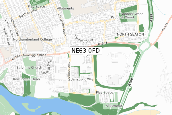 NE63 0FD map - small scale - OS Open Zoomstack (Ordnance Survey)