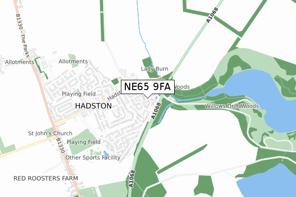 NE65 9FA map - small scale - OS Open Zoomstack (Ordnance Survey)