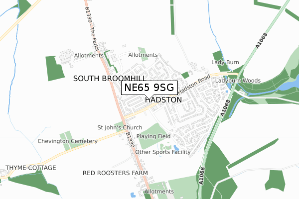 NE65 9SG map - small scale - OS Open Zoomstack (Ordnance Survey)