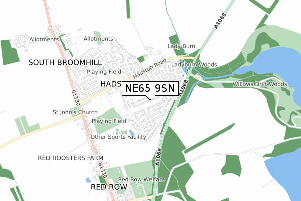 NE65 9SN map - small scale - OS Open Zoomstack (Ordnance Survey)