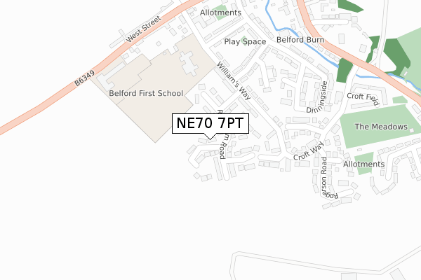 NE70 7PT map - large scale - OS Open Zoomstack (Ordnance Survey)