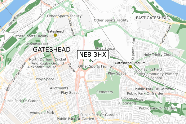 NE8 3HX map - small scale - OS Open Zoomstack (Ordnance Survey)