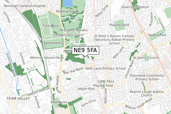 NE9 5FA map - small scale - OS Open Zoomstack (Ordnance Survey)