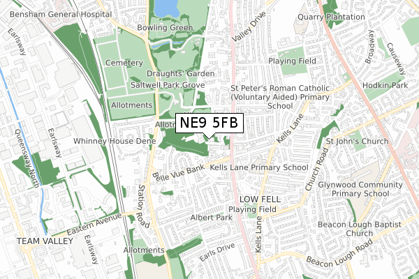 NE9 5FB map - small scale - OS Open Zoomstack (Ordnance Survey)