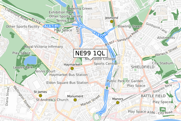 NE99 1QL map - small scale - OS Open Zoomstack (Ordnance Survey)