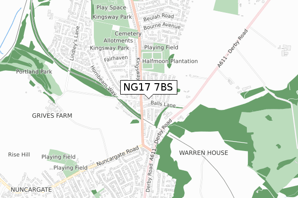 NG17 7BS map - small scale - OS Open Zoomstack (Ordnance Survey)