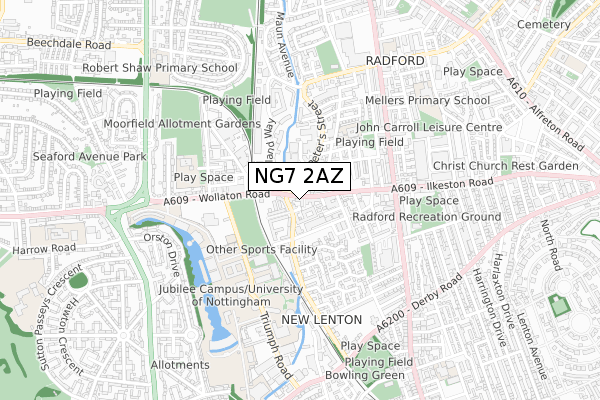 NG7 2AZ map - small scale - OS Open Zoomstack (Ordnance Survey) NG7 2AZ map - small scale - OS Open Zoomstack (Ordnance Survey)