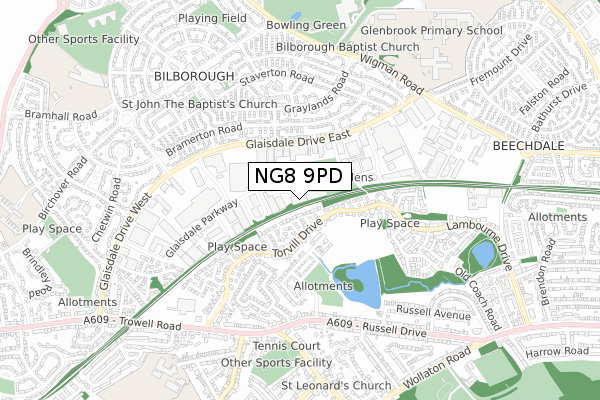 NG8 9PD map - small scale - OS Open Zoomstack (Ordnance Survey)