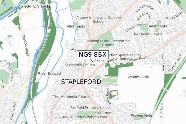 NG9 8BX map - small scale - OS Open Zoomstack (Ordnance Survey)