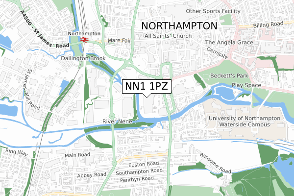 NN1 1PZ map - small scale - OS Open Zoomstack (Ordnance Survey)