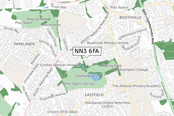 NN3 6FA map - small scale - OS Open Zoomstack (Ordnance Survey)