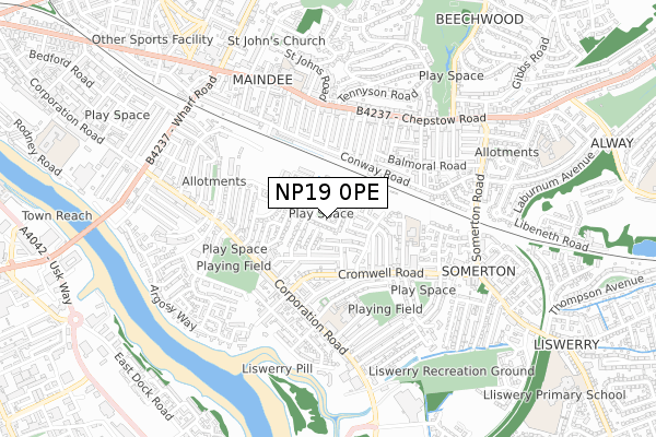 NP19 0PE map - small scale - OS Open Zoomstack (Ordnance Survey)