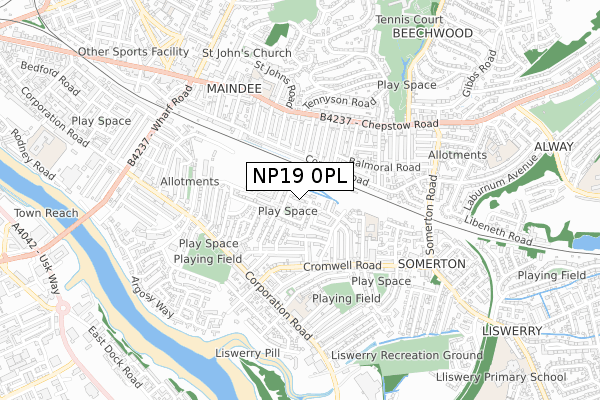 NP19 0PL map - small scale - OS Open Zoomstack (Ordnance Survey)