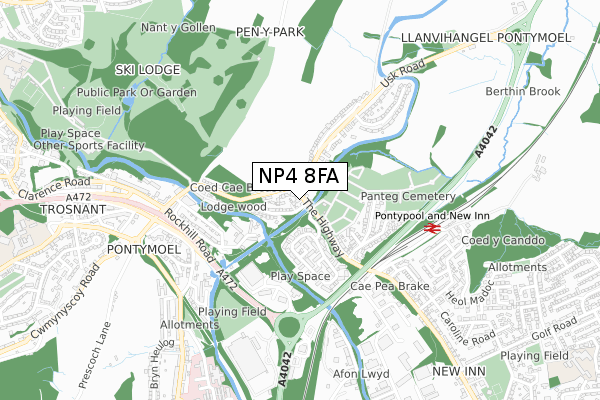 NP4 8FA map - small scale - OS Open Zoomstack (Ordnance Survey)