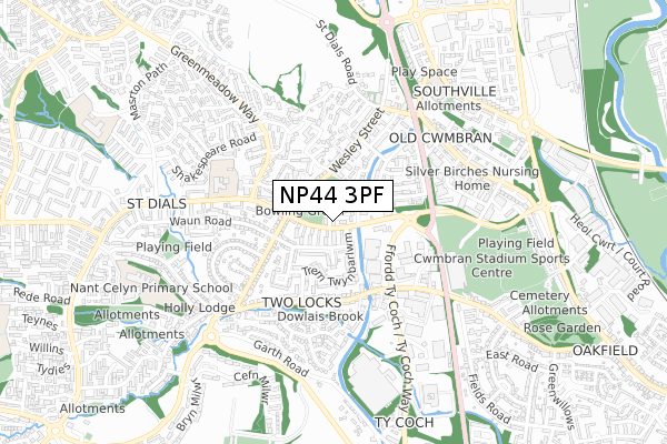 NP44 3PF map - small scale - OS Open Zoomstack (Ordnance Survey)