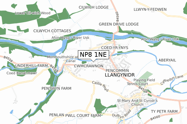 NP8 1NE map - small scale - OS Open Zoomstack (Ordnance Survey)