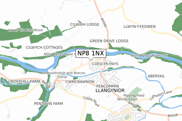 NP8 1NX map - small scale - OS Open Zoomstack (Ordnance Survey)