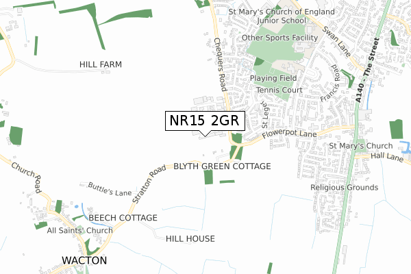 NR15 2GR map - small scale - OS Open Zoomstack (Ordnance Survey)