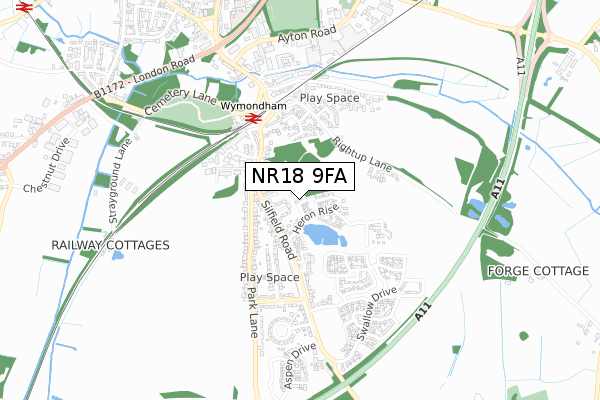 NR18 9FA map - small scale - OS Open Zoomstack (Ordnance Survey)