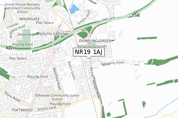 NR19 1AJ map - small scale - OS Open Zoomstack (Ordnance Survey)