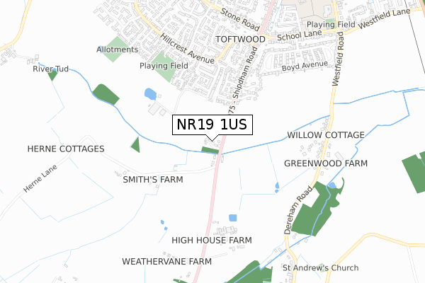 NR19 1US map - small scale - OS Open Zoomstack (Ordnance Survey)