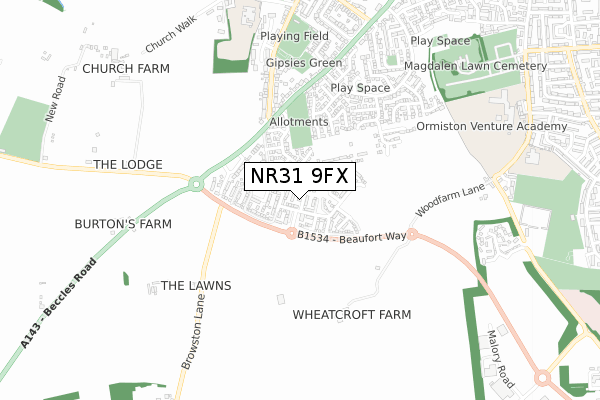 NR31 9FX map - small scale - OS Open Zoomstack (Ordnance Survey)