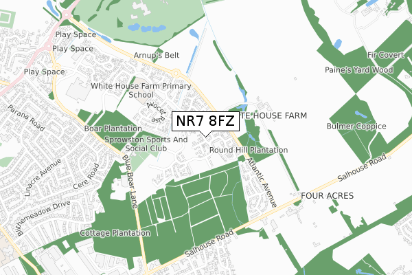 NR7 8FZ map - small scale - OS Open Zoomstack (Ordnance Survey)