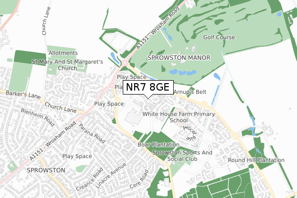 NR7 8GE map - small scale - OS Open Zoomstack (Ordnance Survey)