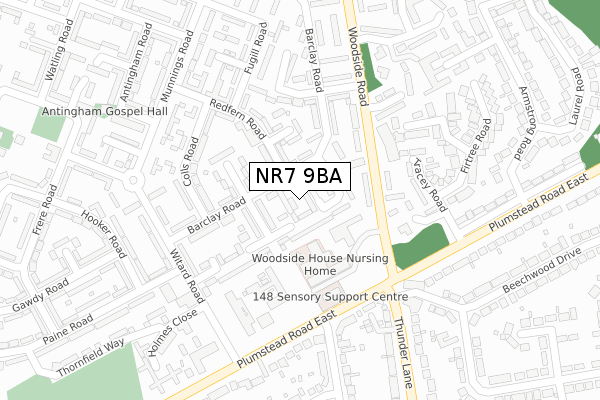 NR7 9BA map - large scale - OS Open Zoomstack (Ordnance Survey)