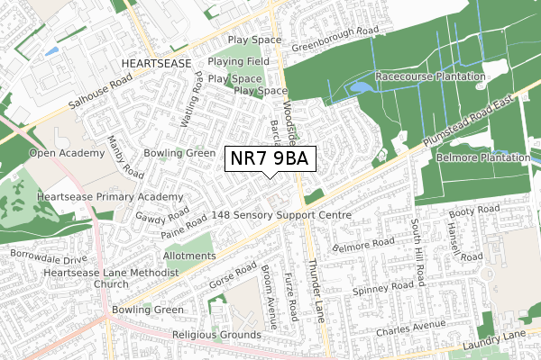 NR7 9BA map - small scale - OS Open Zoomstack (Ordnance Survey)