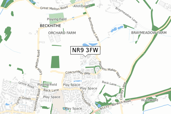 NR9 3FW map - small scale - OS Open Zoomstack (Ordnance Survey) NR9 3FW map - small scale - OS Open Zoomstack (Ordnance Survey)
