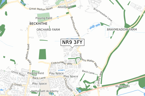 NR9 3FY map - small scale - OS Open Zoomstack (Ordnance Survey)